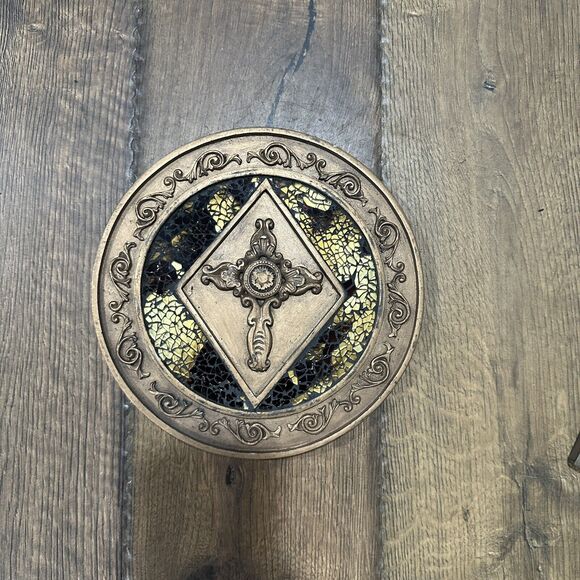 Vintage Medieval Stained Glass Art Wall Hanging Picture with Round Square Cross - Picture 3 of 10